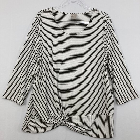 Chico's size XL/3 Black White Striped Twist Front Soft Stretch 3/4 Sleeve Blouse - Picture 1 of 9
